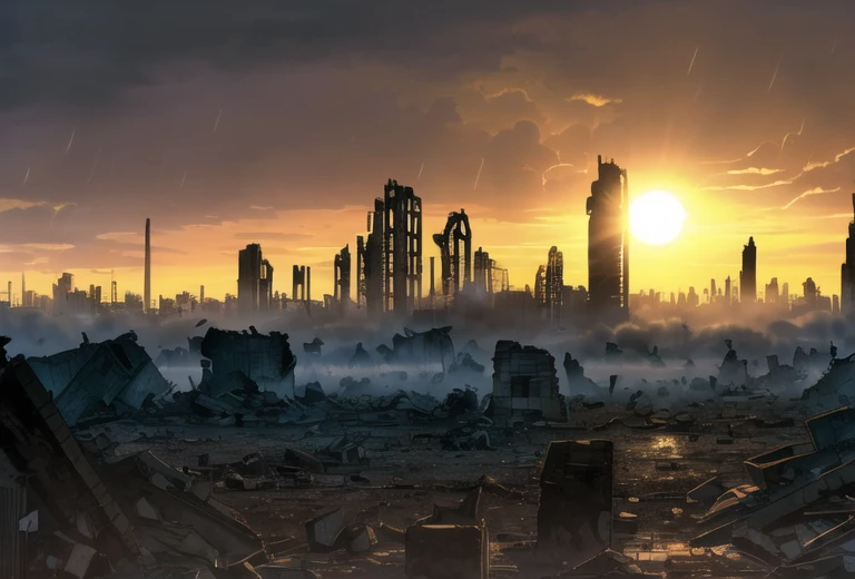 ((very detailed, shiny, smooth, cartoon style)), (Post apocalyptic ruins rainy city background:1.2),The crumbling rubble was filled with dust., Desolate, The sun is scorching., sunset, gloomy, (backlit:1.3), height, depth of field, (deep shadow:1.2) It's full of fog. I work in the dark.