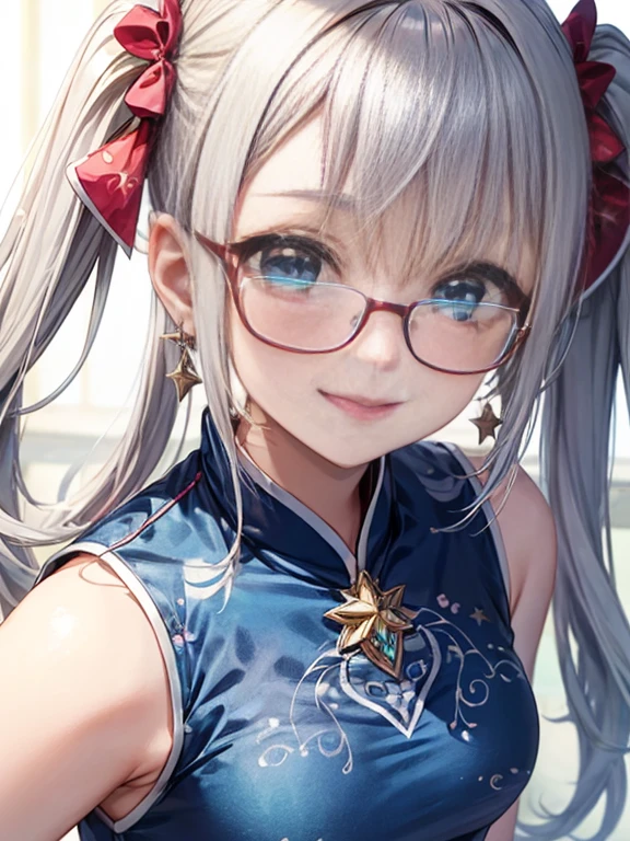 小さなgirl、Small breasts、The arrival of spring、Thick thighs、 (alone:1.5,)Very detailed,Bright colors, Very beautiful detailed anime faces and eyes, Look straight ahead, ;d, Shiny_skin,girl, ((Silver long hair,The inner color is red 、Forehead is exposed.、Green Eyes、Glasses、Shiny hair, Delicate beautiful face, blush、(Turquoise Eyes), White skin, Valletta, Earrings,、blue flower field、(((Star pattern pink、See-through、Black long Chinese dress、Black bloomers)))、Twin tails、smile、smile、Face dyed red