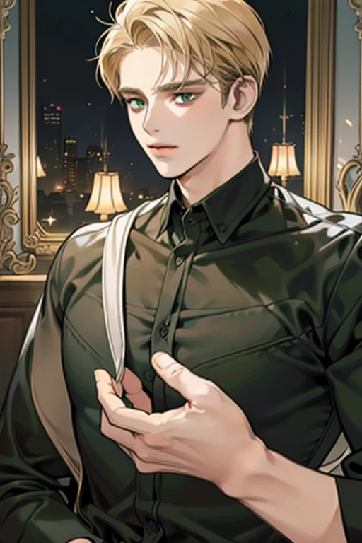 masterpiece, best quality, realistic, 1man, mature male, quiet and charming young man, 18 years old, a smirk, closed mouth, portrait, extremely detailed face, a little distant, ((dark green eyes)), ((short-side-swept sandy blonde hair)), [thick eyebrows], library, ((black shirt))