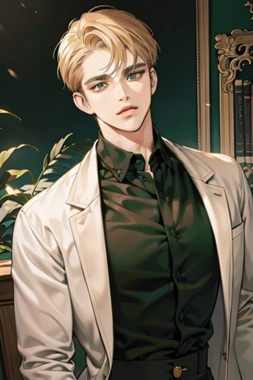 masterpiece, best quality, realistic, 1man, mature male, quiet and charming young man, 18 years old, a smirk, closed mouth, portrait, extremely detailed face, a little distant, ((dark green eyes)), ((short-side-swept sandy blonde hair)), [thick eyebrows], library, ((black shirt))