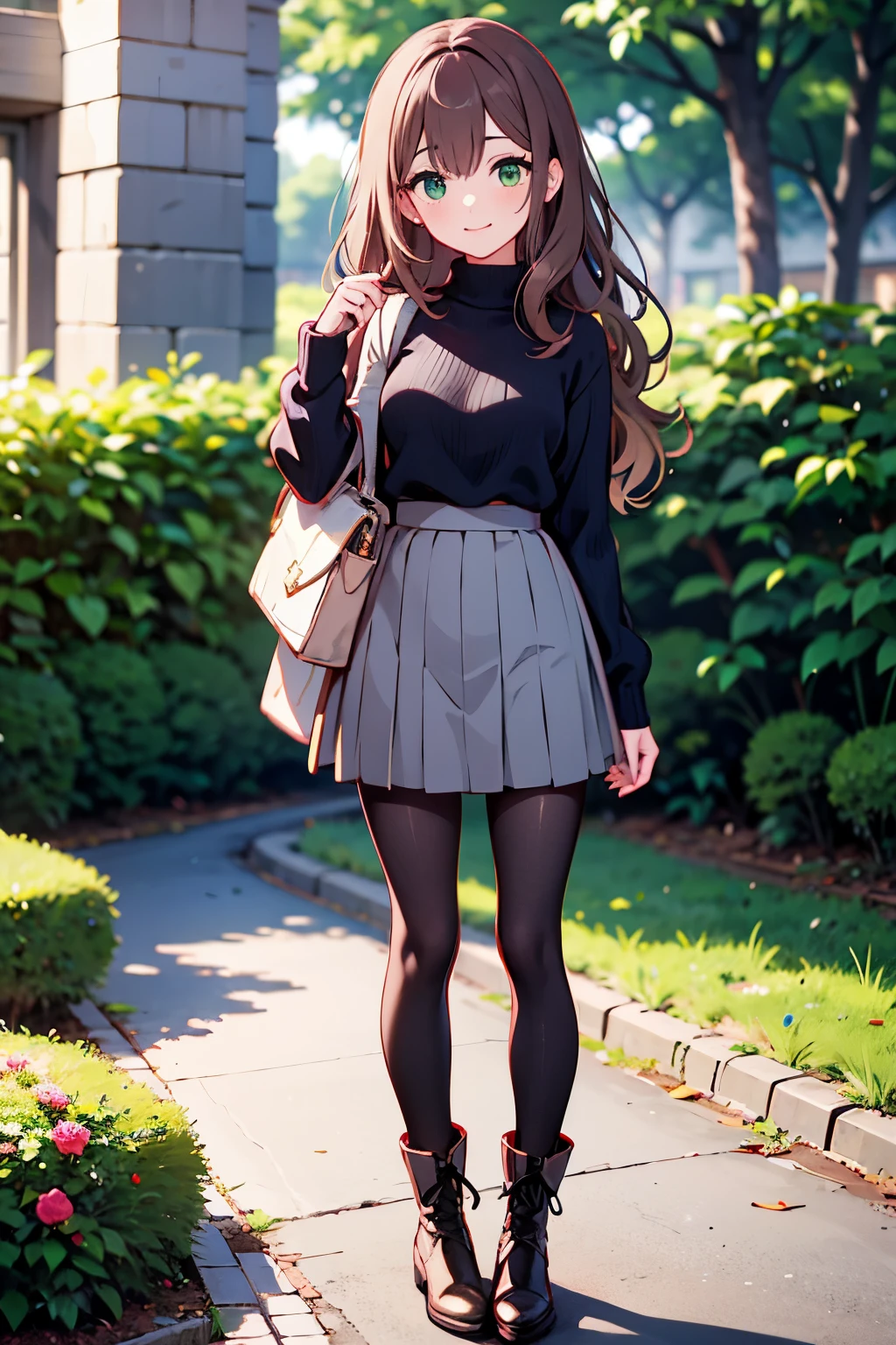 ((best quality)), ((masterpiece)), (detailed), perfect face, cute anime girl, long wavy brown hair, she is standing outdoor, she smile, she is 20 years old, she is wearing turtle neck sweater, she is wearing skirt, she is wearing pantyhose, she is wearing boots, green eyes, vibrant colors, masterpiece, sharp focus, best quality
