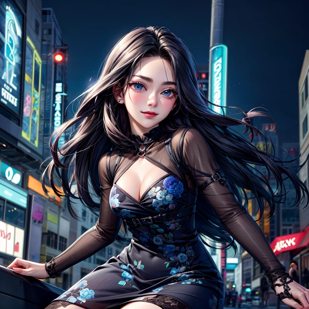 1 woman of 30 years old, {{{long black hair}}}, {{{pale blue eyes}}}, blue floral print dress {exposed arms} cleavage, small smile {silver accessories}, in a city sidewalk with neon lights, {best quality.}, {highreaasterpiece.}, {{{medium close up.}}}, {facing viewer}