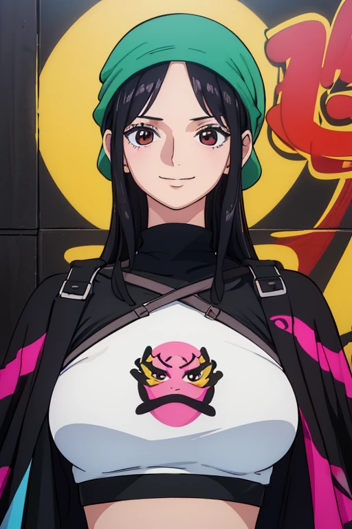 (best quality,4k,8k,highres,masterpiece:1.2), ultra-detailed, Animated, girl, mature face, long black hair, brown eyes, black hair, graffiti, girl graffer, durag, cool girl, flat, smile, mask, vivid colors
