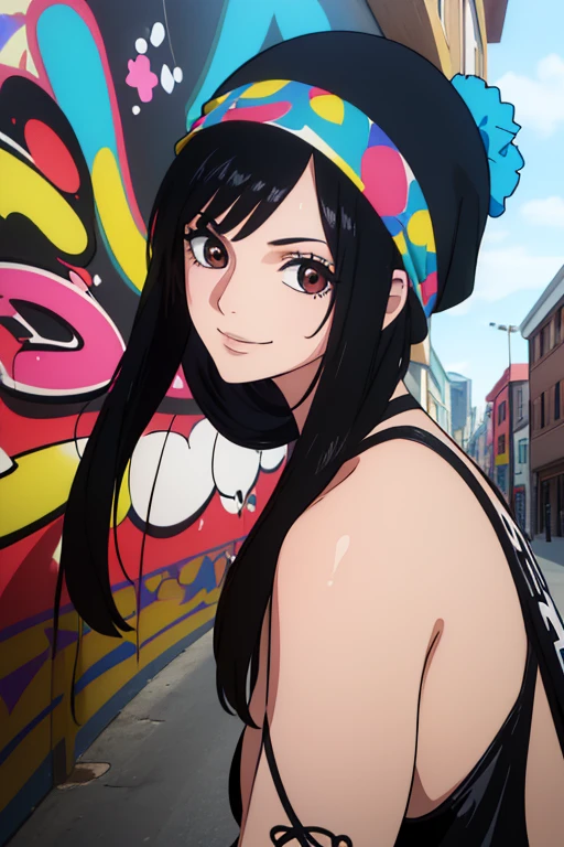 (best quality,4k,8k,highres,masterpiece:1.2), ultra-detailed, Animated, girl, mature face, long black hair, brown eyes, black hair, graffiti, girl graffer, durag, cool girl, flat, smile, mask, vivid colors