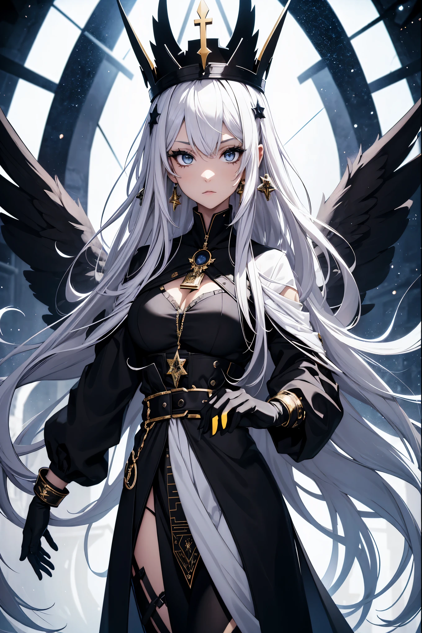 {white hair}, {very long hair}, gloves, black yellow coat, bandaged wrist, torn clothes, {{black}} eyeshadow, black and white eyes, earrings, {{floating crown}}, {star halo}, detached wings, {{masterpiece}}, {1girl}, black smear on right side of face, space background, {goddess}, {standing on a white platform}, {star symbol on clothes}, star earrings, {{medium}} breasts, bandaged torso, long majestic black yellow coat, chain earrings, makeup, large black and yellow coat, inside a cathedral at night, {detailed large crown}, character focus, floating stars, presenting a menger cube, magic cubes on background, dark magic, serious, {divine}, {{teenage}}, mini universe above hand, black cubes on the background, supernova on the background, decorated hair, covered body, {{{black background}}}, light above head, spirals on background, fractal patterns, {{dirty face}}, bandaged arms, fractal background