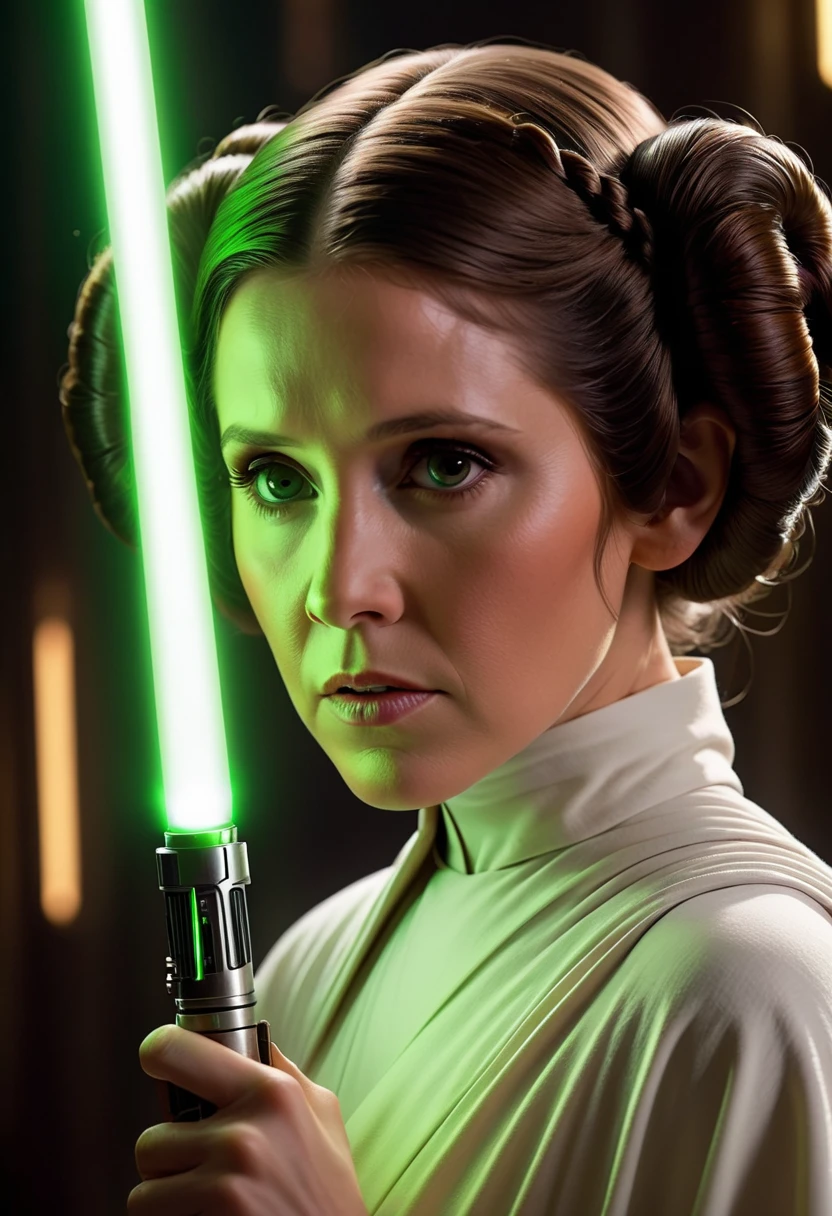 Close-up of Princess Leia from Star Wars holding a glowing green lightsaber, blade central in the frame with intentional focus pulling suffusing warmth into the lightsaber, Star Wars characters traditionally robed in ultra high definition detail, capturing the heroic essence, every light particle flowing from the blade highlighted, a 35awards worthy, stunning cinematography, photographic testimony to dramatic storytelling, rewarding visual brilliance, cinematic depth of