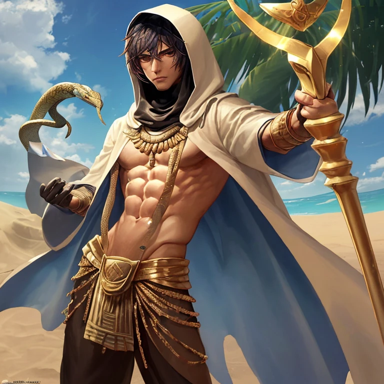 Man who controls sand,Dressed in Egyptian clothing,I can see your abdominal muscles,I can't see my face wearing a hood,He has a snake-shaped staff