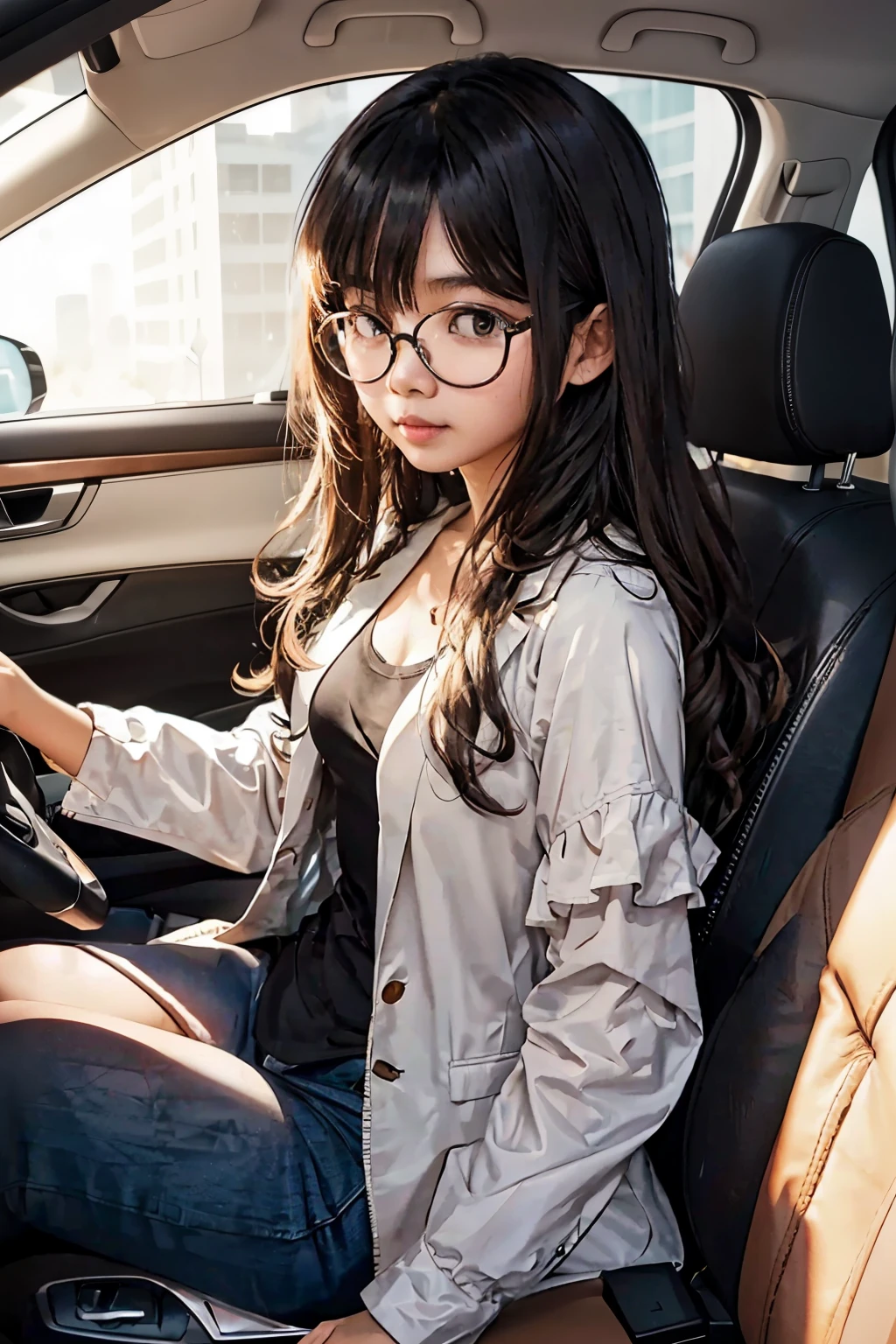 detailed face of full body photo. 25 year old Indonesian girl with a sweet face, big round face and long brown wavy hair, round glasses, wearing a black tank top and layered with a cream blazer while driving the car