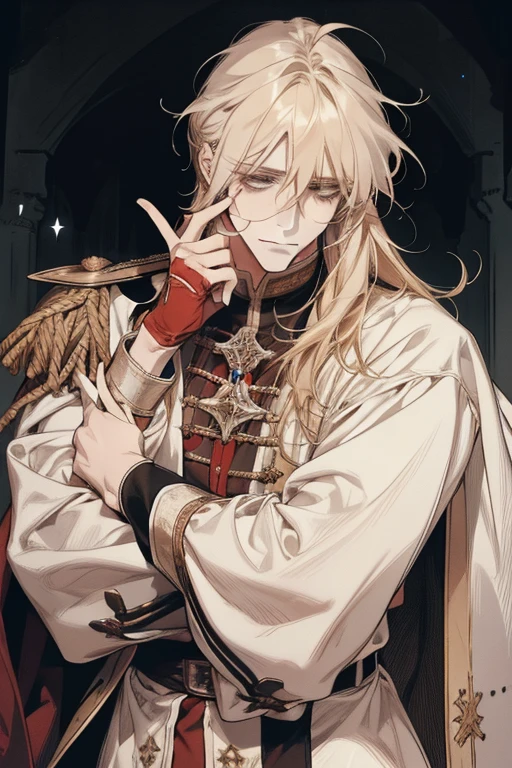 1 Male, AS-Adult, Messy blonde hair and bangs, prinz, white  clothes, Handsome, dispassionate, The beautiful, Condescending, slimification, in a castle, Medieval fantasy