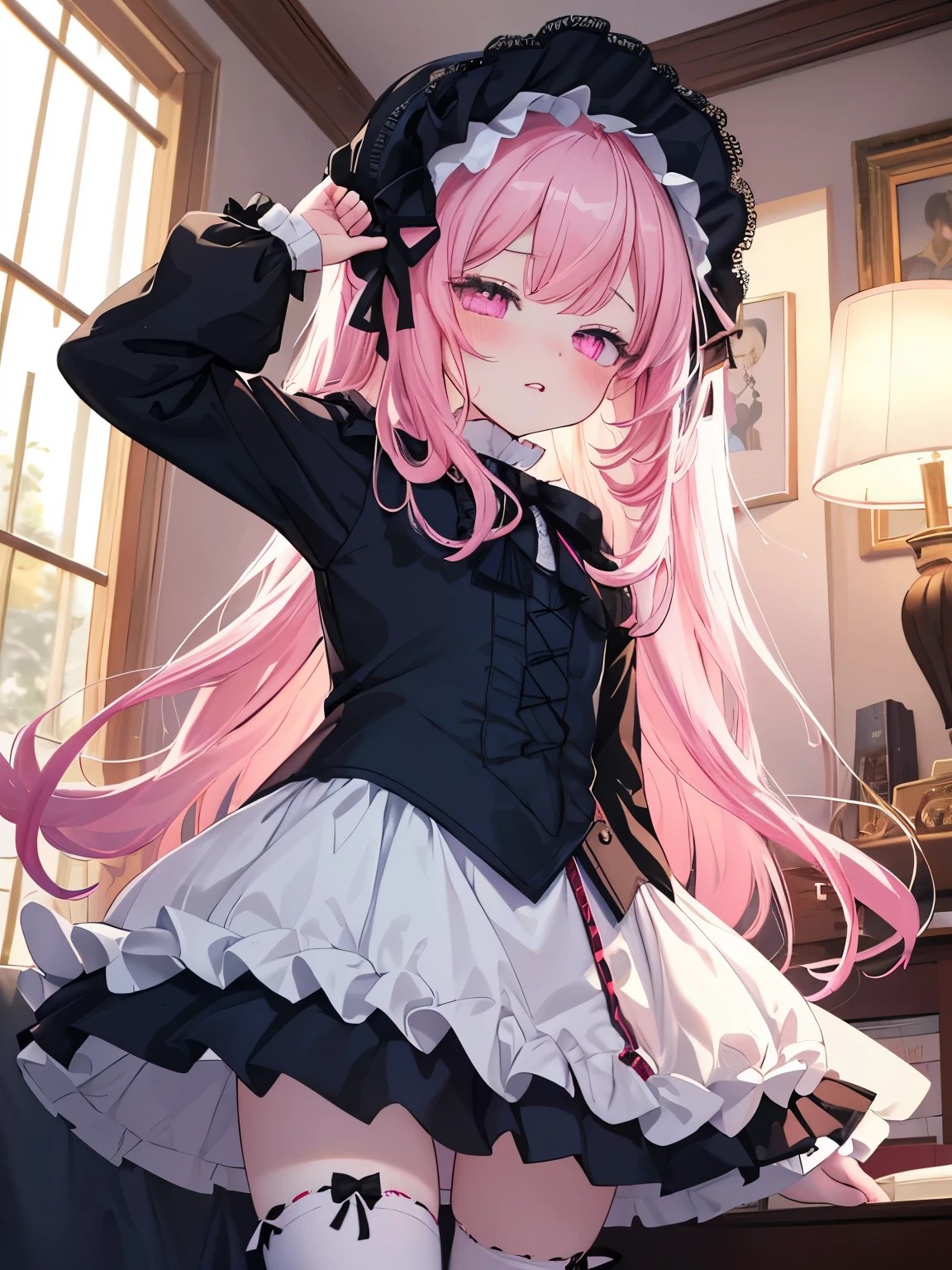 masutepiece, Highest Quality, (Perfect face:1.1), (high detailing:1.1), (ultradetailed eyes), Dramatic, superfine illustration, Extremely detailed,1girl in, ager,(pale skin), Happy, Laugh, Enjoy,gloweyes,long pinkhair,pink eyes,Ethereal eyes,Simple eyes,closed eyes,blush,Solo,Pouty lips,Cinematic lighting,cowboy shot,looking up,Long sleeve,Gothic lolifrilld, bow ribbon,knee high socks,indoor,bedroom