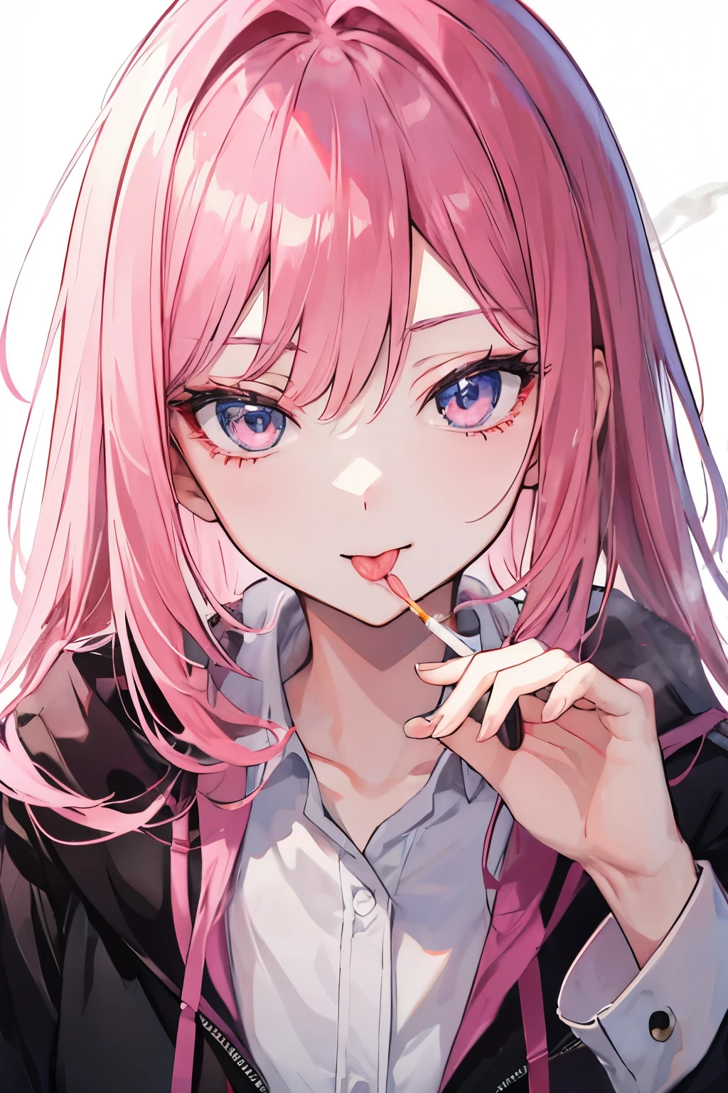 Close-up photo of a anime girl, pink hair, cigarette, holding cigarette, tongue out
