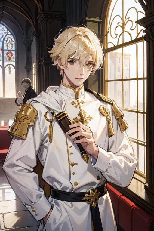 ((Masterpiece: 1.4, Best Quality)), (Short Blonde), (Spiked Hair), Red Eyes, Military Uniform, (Church: 1.2), (Stained Glass: 1.3), One Young Man, Handsome, Pillar, Sky Cover, (Light particles), (Moonlight shining through the window), Dark atmosphere, sit in a chair