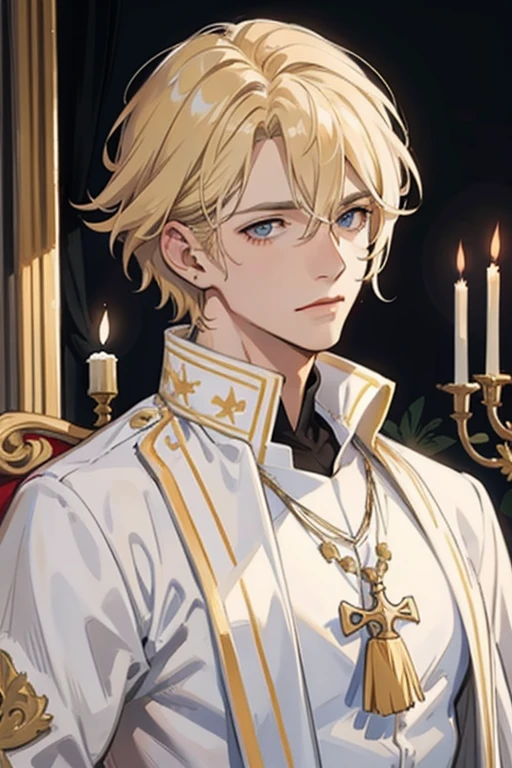 1 Male, AS-Adult, Messy blonde hair and bangs, prinz, white clothes, Handsome, dispassionate, The beautiful, Condescending, slimification, in a castle, Medieval fantasy