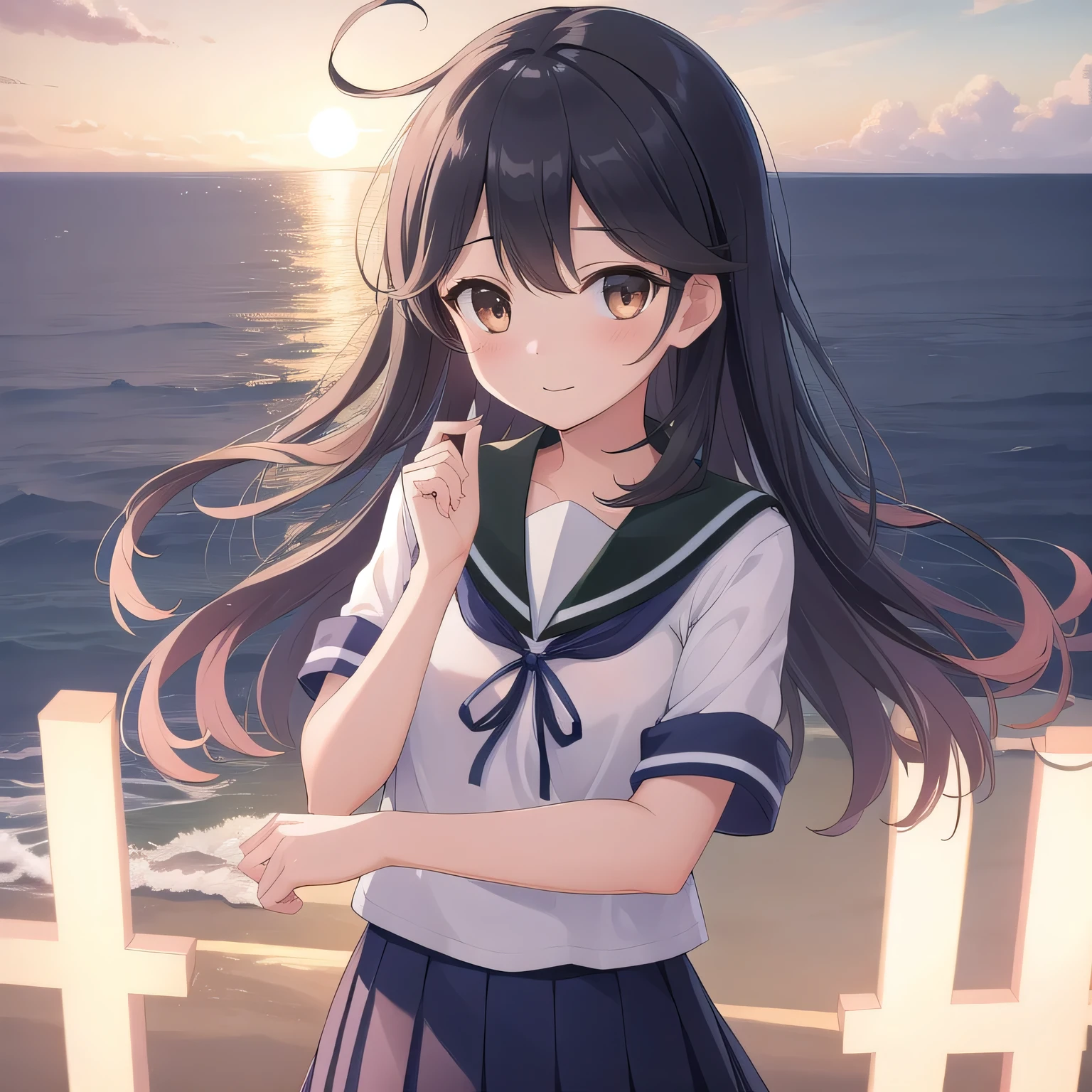 ((masterpiece)),(highest quality),Official Art,Highly detailed CG,unity 8k wallpaper,Super detailed,Lighthouse on top of a cliff by the sea,One girl,one person in,Upper Body,(Portraiture:1.2),black_hair,School_uniform,white_serafuku,skirt,length_hair,Ahoge,black_eye,Looking_in_Audience,