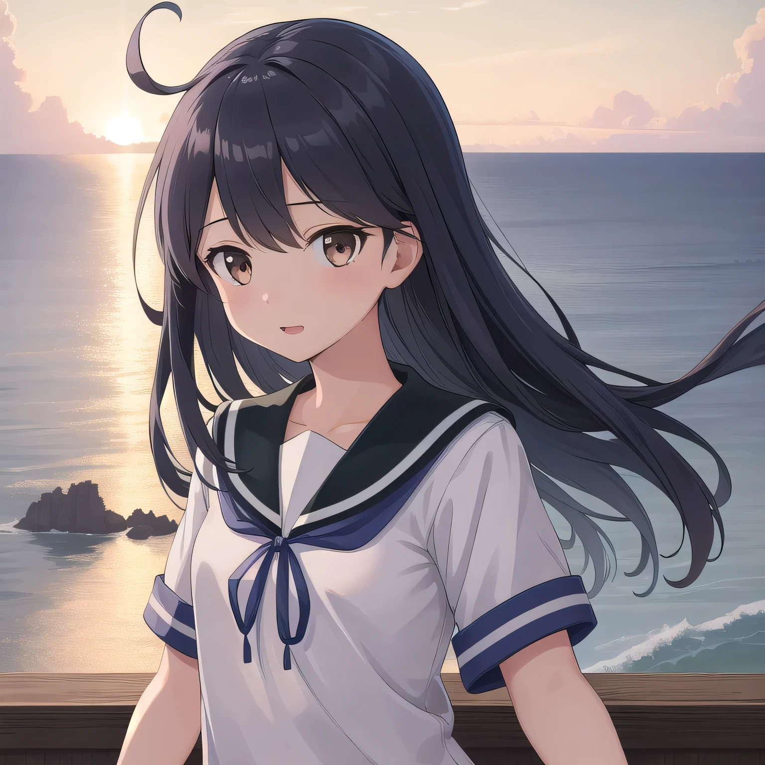 ((masterpiece)),(highest quality),Official Art,Highly detailed CG,unity 8k wallpaper,Super detailed,Lighthouse on top of a cliff by the sea,One girl,one person in,Upper Body,(Portraiture:1.2),black_hair,School_uniform,white_serafuku,skirt,length_hair,Ahoge,black_eye,Looking_in_Audience,
