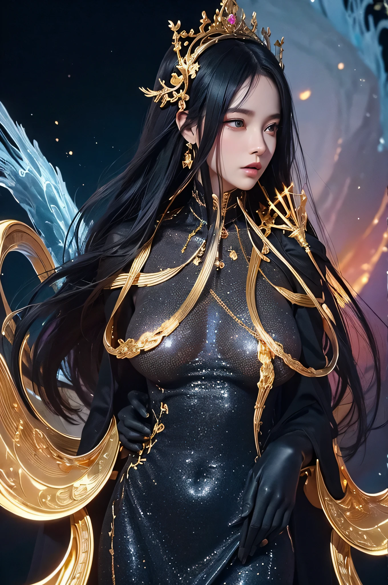 ((best quality)), ((masterpiece)), (detailed), perfect face, black hair, golden iris, The body, composed of galactic gold liquid and black mist, is a beautiful interpretation of the female form., natural, ((Complex galactic metallic colors in the foreground)), fluid dynamics, black and gold, Onyxia, metallic color palette g0s1, big bust, pink nipples, black and gold dress, upper body nude, naked breasts, Exposed breasts, Long black hair with thick waves, Milky Way Galaxy background.