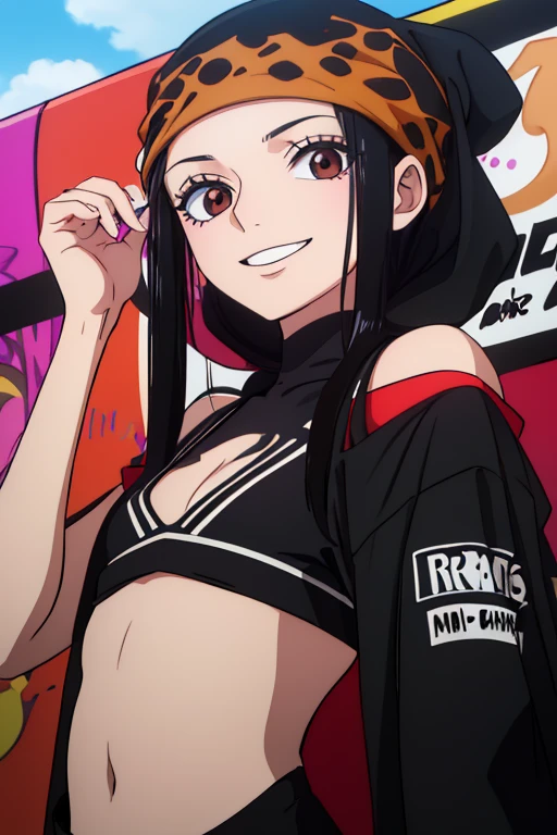 (best quality,4k,8k,highres,masterpiece:1.2), ultra-detailed, Animated, girl, mature face, long black hair, brown eyes, black hair, graffiti, girl graffer, durag, cool girl, flat, smile, mask, vivid colors