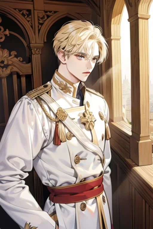 1 Male, AS-Adult, Messy blonde hair and bangs, prinz, white clothes, Handsome, dispassionate, The beautiful, Condescending, slimification, in a castle, Medieval fantasy