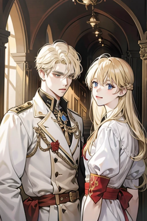 1 Male, AS-Adult, Messy blonde hair and bangs, prinz, white clothes, Handsome, dispassionate, The beautiful, Condescending, slimification, in a castle, Medieval fantasy