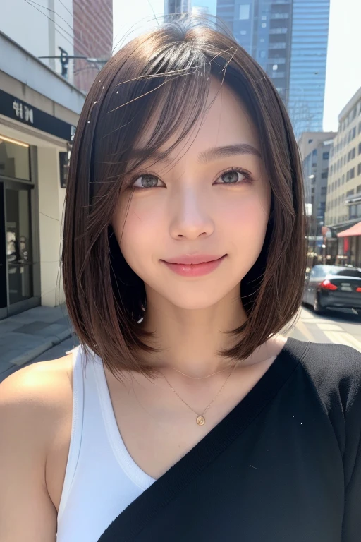 (((Shoulder length brown straight short bob)))、(((She has downtown Hawaii as her backdrop.、Posing like a model at a hair salon.)))、(((Casual black winter street fashion)))、Face close-up、Half Japanese and Korean、18 year old girl、Independent、Look forward、Light eye makeup、Brown Hair Color、Flat 、Hair blowing in the wind、quality of actress、Shiny, Ultra-realistic faces、smileの表情、Moist eyes、look up、calming lighting effect、 Ultra-Realistic Capture、very detailed、High resolution 16K close-up of human skin。Skin texture should be natural、Must be detailed enough to see pores、skin is healthy、Must be even tone、Use natural light and colour、High quality photos taken by a modeling agency'Exclusive photographer、smile