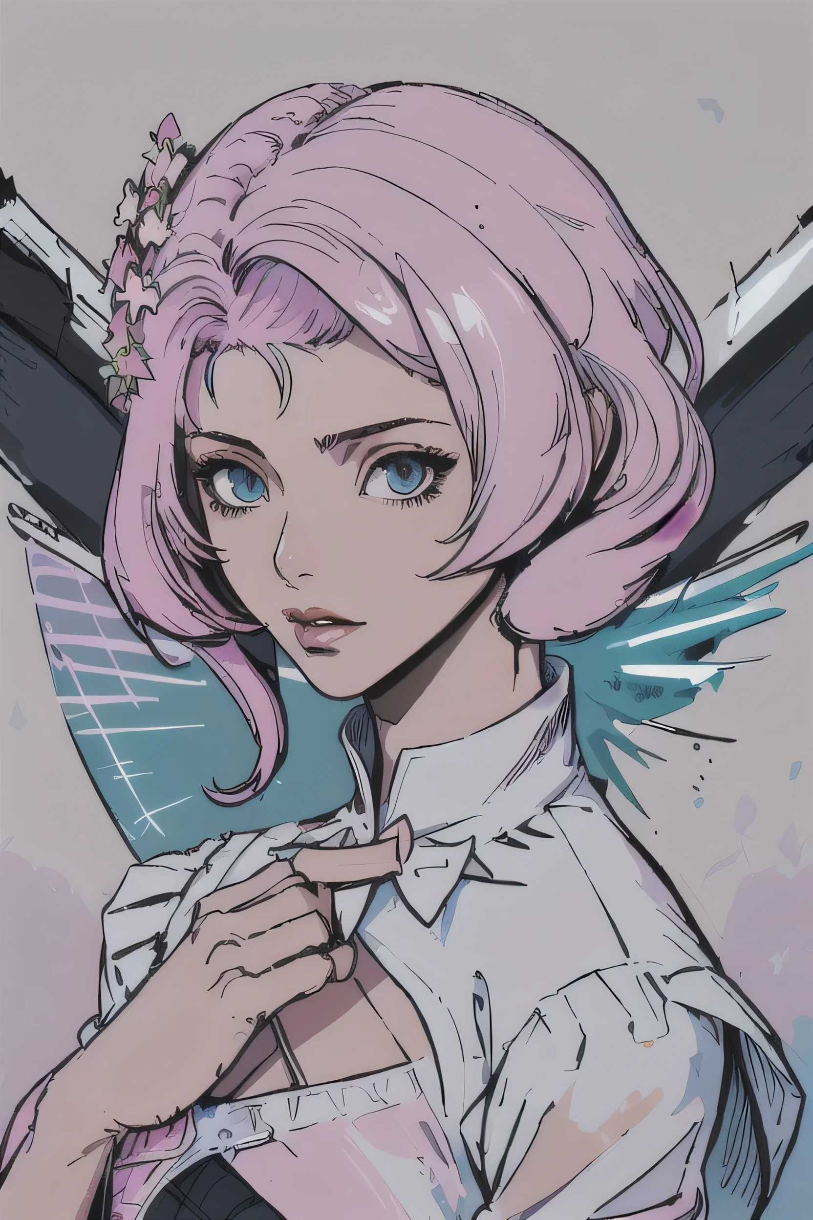 Alisa bosconovitch, melhor qualidade, contemporary, estilo plano, minimalismo, Ilustra??o plana de olhos verdes, cabelo rosa, cabelo curto, cabelos multicoloridos, Camisa Preta, mechanical wings, Close-U head portrait, peito pontudo, decote, super decote, medium breasts, tekken，cabelo rosa pastel, 1 garota, em quimono, hand painted，Desenho de linha sem cor, colorida do yandere pastel, tekken, [Detailed illustrations, Arte baseada em anatomia extremamente ideal, desenhos muito detalhados e detalhados, delicate lines with slowness and urgency, Realistic texture expression],(((Linhas principais coloridas)),(Obras de arte com excelente artesanato),(fundo do parque),[ anime japonesa bonita  de idade Skinny] cabelo rosa claro, com roupa de empregada，Figura esbelta，robusto，He sat on the floor，Vestido com roupas de empregada rosa e branco，cabelos muito curtos，com orelhas de gato，quadratic element，, kawaii cor-de-rosa na roupa da era de 1910, Alisa Bosconovich&#39;pink lips, no estilo da paleta de cores suave aurorapunk, an anime illustration of your face, gifs animados, hand drawn animation, charming sketches, suave e brilhante, romantismo nebuloso, Estilo superplano, fundo branco - ar 1:1 - niji 5 - estilo expressivo --s 50
