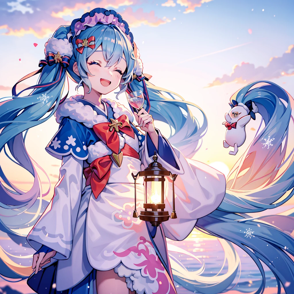 yukimiku2023, smiling, closed eyes, smiling_eyes, winter, floating, town square background, snowy, close up of face, beautiful lighting, depth of field, 8k wallpaper, sunset, holding a lantern