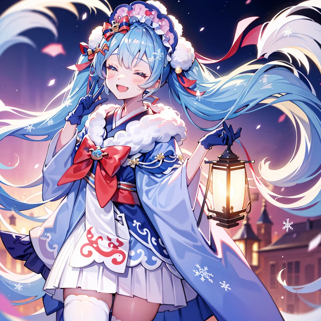 yukimiku2023, smiling, closed eyes, smiling_eyes, winter, floating, town square background, snowy, close up of face, beautiful lighting, depth of field, 8k wallpaper, sunset, holding a lantern
