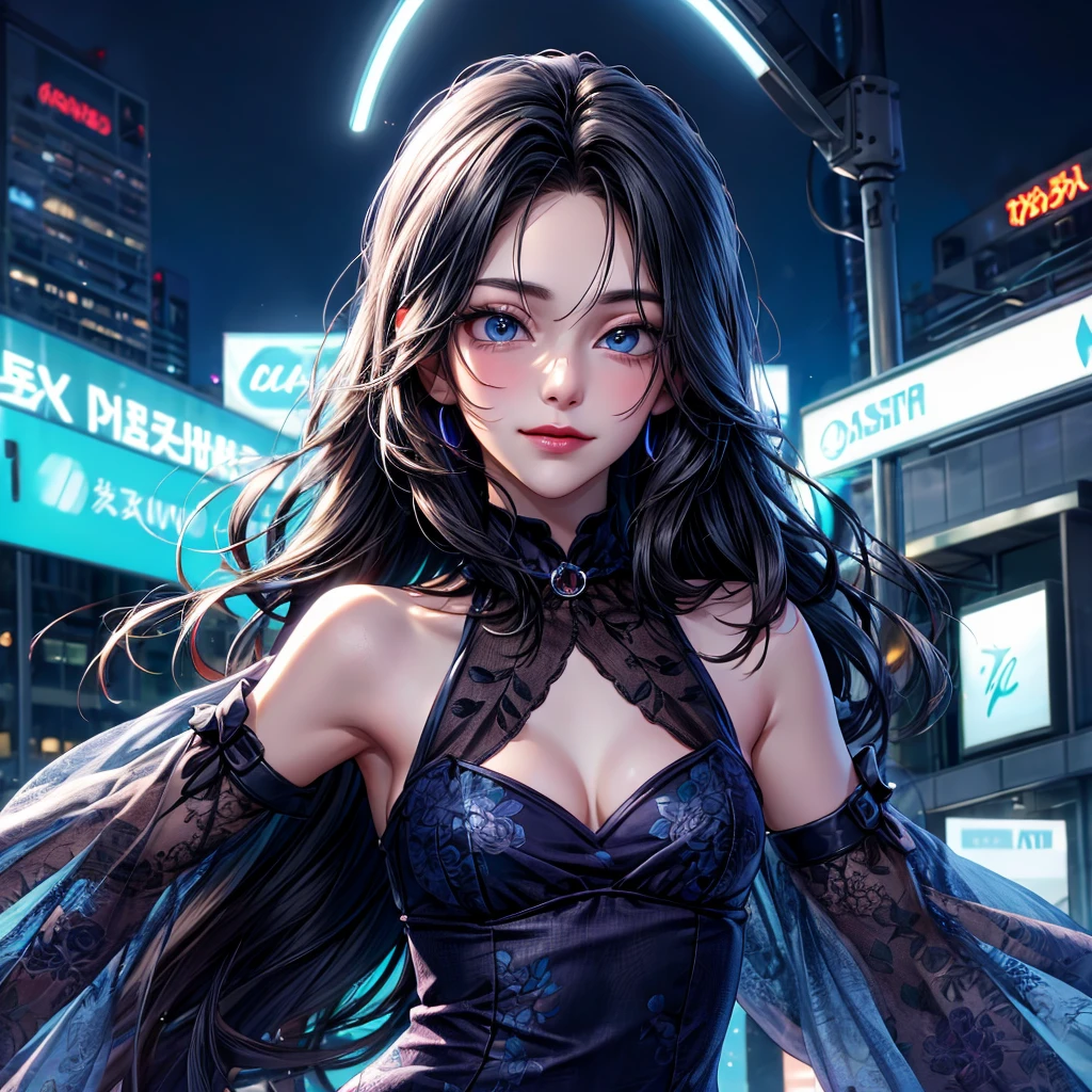 1 woman of 30 years old, {{{long black hair}}}, {{{light blue eyes}}}, light blue floral print dress {exposed arms} cleavage, small smile {silver accessories}, in a city sidewalk with neon lights, {best quality.}, {highreaasterpiece.}, {{{medium close up.}}}, {facing viewer}