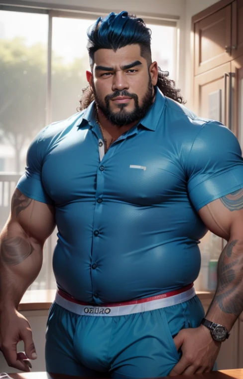Velhote,k, corpo grosso, Um pouco gordo,barba branca,bonito, olhar afiado, (por dramamine, por acaso), homem maduro, cicatriz no olho, velho gordinho,meia idade,((cabelo curto preto)),((barba facial)),(nada ali, melhor qualidade, alta qualidade, detalhado, sombreado, sombreamento, obra de arte:1.2), detalhado eyes, detalhado clothing, sorriso pretensioso, Sorriso Sedutor, Peito peludo, copos,Inside the office,(blue pattern boxers:1.4), (camisa branca aberta:1.5), (gravata removida),(meias pretas:1.2)