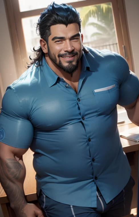 Velhote,k, corpo grosso, Um pouco gordo,barba branca,bonito, olhar afiado, (por dramamine, por acaso), homem maduro, cicatriz no olho, velho gordinho,meia idade,((cabelo curto preto)),((barba facial)),(nada ali, melhor qualidade, alta qualidade, detalhado, sombreado, sombreamento, obra de arte:1.2), detalhado eyes, detalhado clothing, sorriso pretensioso, Sorriso Sedutor, Peito peludo, copos,Inside the office,(blue pattern boxers:1.4), (camisa branca aberta:1.5), (gravata removida),(meias pretas:1.2)