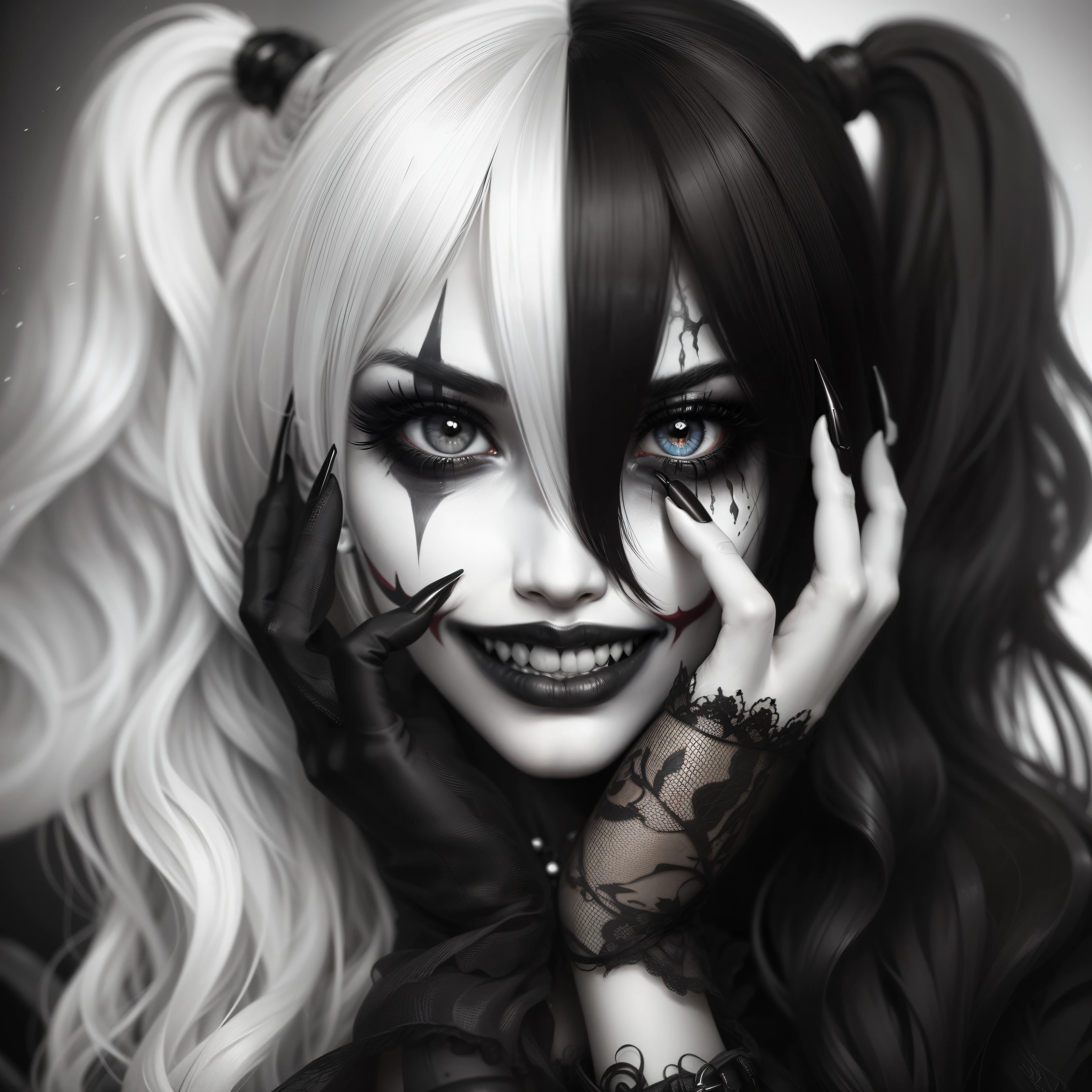 a close up of a woman with a clown makeup and a black and white photo, goth clown girl, cute face. dark fantasy, extremely detailed artgerm, gothic girl face, gothic art style, harley quinn, creepy clown girl, of harley quinn, trending artgerm, portrait of harley quinn, gothic face, gothic art, dark but detailed digital art