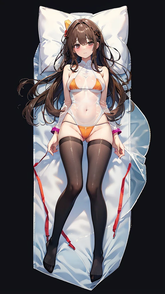 slingshot bikini, unrealistic, (( Camel toe)), ((((translucent bikini)))), ((((translucent)))), ((((transparent)))), (((transparent clothing))), Full body view, Look toward the camera, ((Life-size pillow)), ((dakimakura)), the best, masterpiece, high resolution, (从头到脚的Full body view), Composed from the front and slightly below, symmetry, 18 years old, Slim beautiful girl, Solitary, ((Big plump breasts)), (No shoes),Messy Brown Hair, Bangs, (Black pantyhose), (Black pantyhose), (Spread your legs on the bed), arms tied behind back, (Works Display White), (her legs are open、I can see white.), blush, Shy big eyes, looking at camera, suit, Plaid pleated skirt