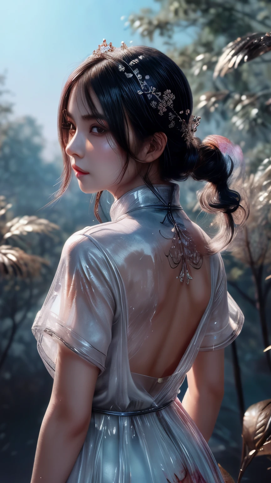 (((masterpiece))),(((best quality))),((ultra-detailed)), ((illustration)),floating, ((an extremely delicate and beautiful)),(beautiful detailed eyes), (painting),(sketch),((neck)),(((back))),(looking back), blush,dhalter dress, backless dress ,hyper detailed,eyes,(black hair),upper body, (((Clear face))),((Clear eyes)), bangs, serious face, (((Chinese cloth,ornament))),{Ink painting style},{Ancient Chinese style},very long hair,disheveled hair,messy_hair,white hair,flowing hair,wind,glowing eyes,cinematic lighting,everything floating,Extremely gorgeous,legend,epic,feather, leaves, nature, (sunlight), river, (forest),(painting),(sketch),((loli:1.3)),{petite},{cute face},((flat chested)),(Sketch),(laurel crown ),(((beautiful detailed sky,smooth))),(soft),((beautiful detailed eyes and face)),(neck ring),(necklace),(pendant),((white dress)),(detailed light),(beautiful detailed eyes),shinelight ),(lighting particle),(colorful),((((Chinese ink painting))), ((((Ink dyeing)))),
