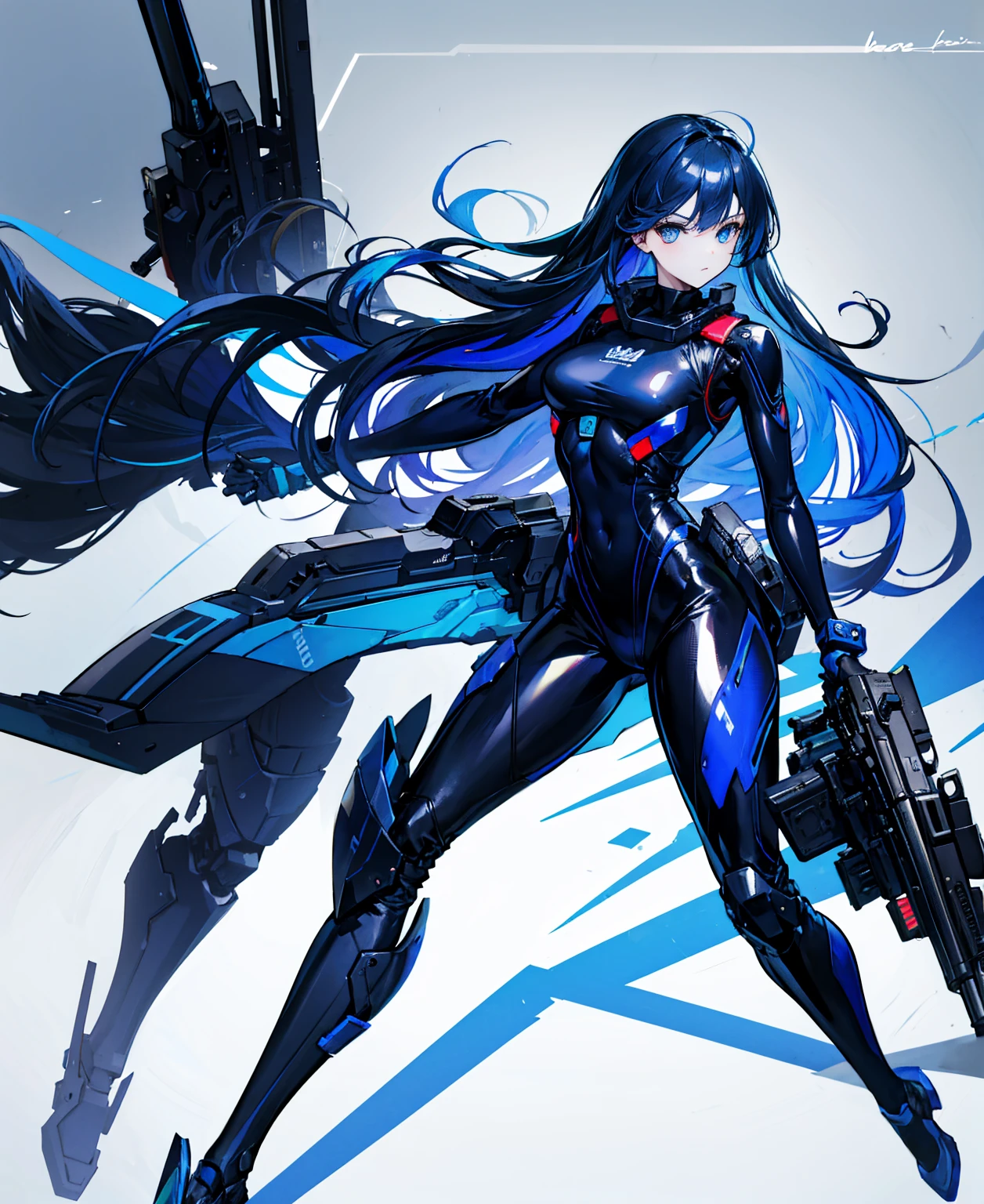 There is no background,girl,Carry a firearm,Patent leather tight suit,Use of firearms,Navy blue long hair,attention arousal,Blue colored eyes,No gradients