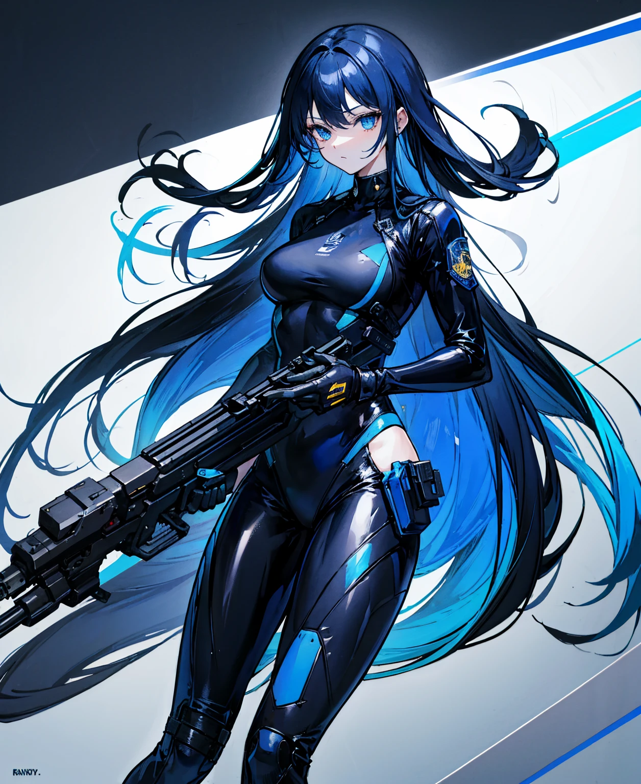 There is no background,girl,Carry a firearm,Patent leather tight suit,Use of firearms,Navy blue long hair,attention arousal,Blue colored eyes,No gradients