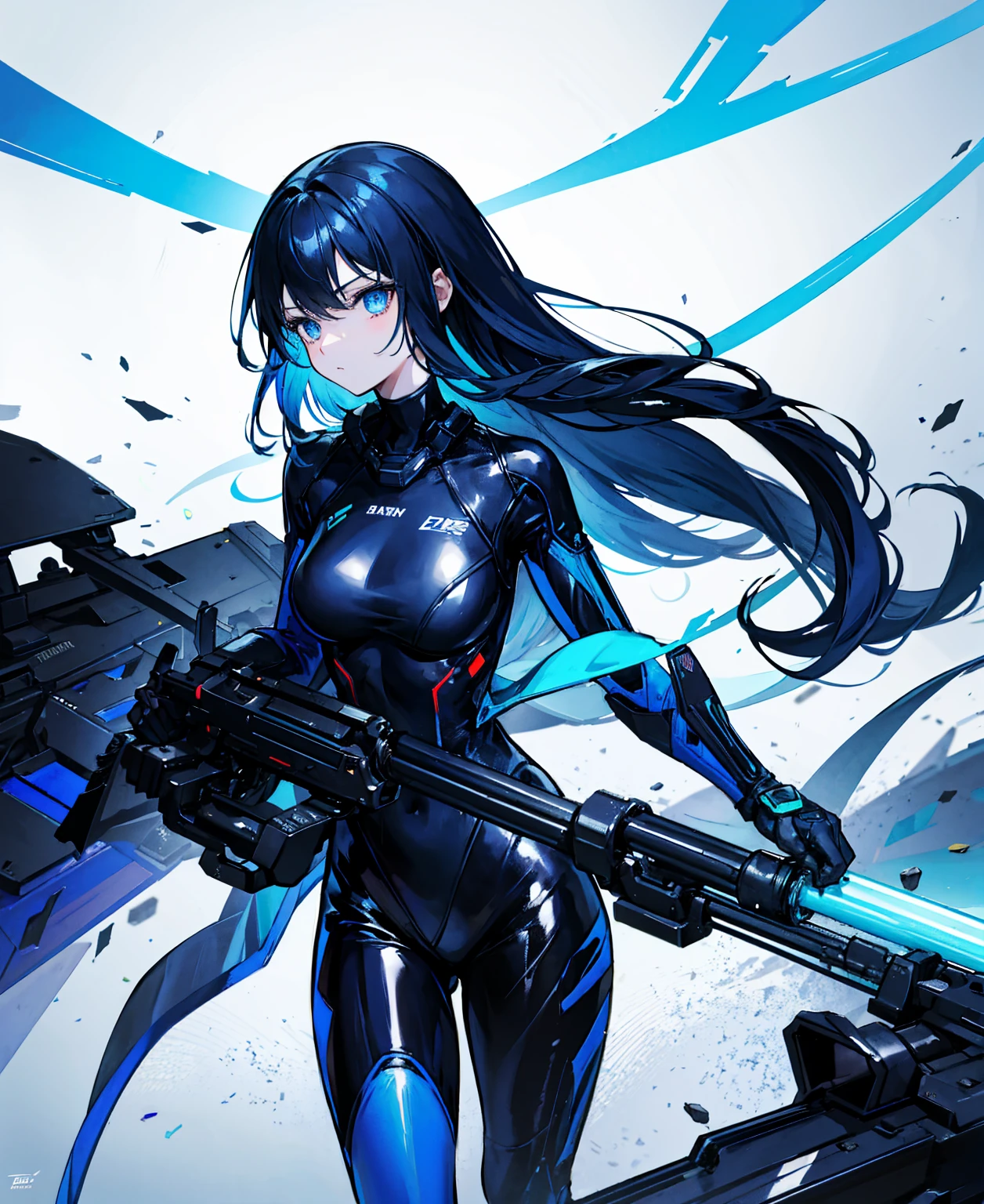 There is no background，girl，Carry a firearm，Patent leather tight suit，Use of firearms，Navy blue long hair，attention arousal，Blue colored eyes,No gradients