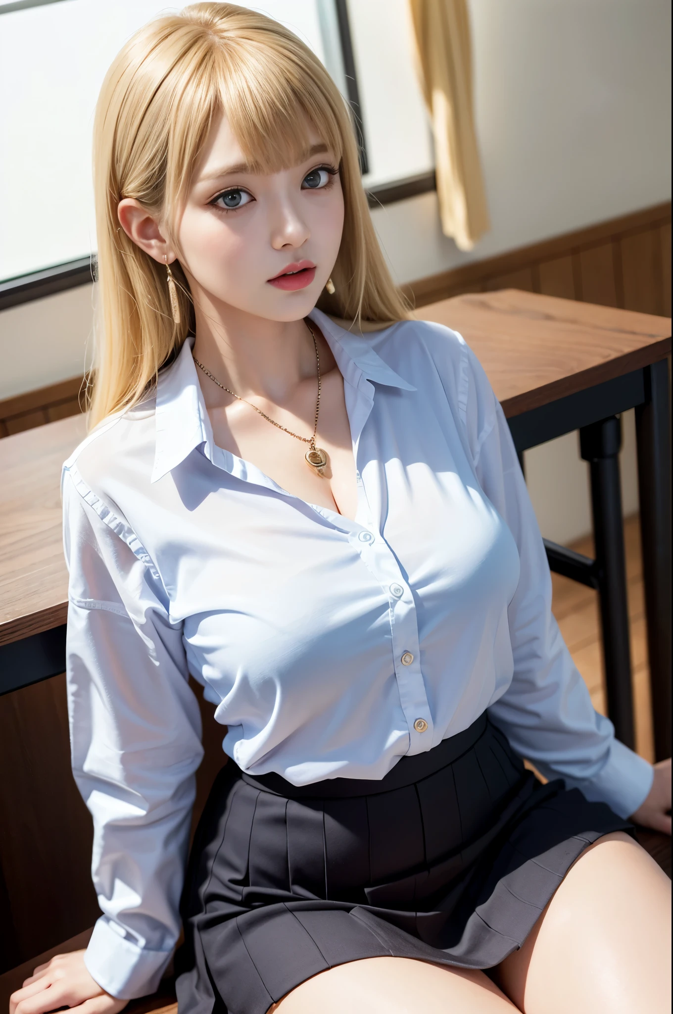 8k RAW photo、High resolution、Very large breasts、Very taut chest、breast enhancement、bossy pose、Sulky look、Pretty light blonde、、ribbon、shirt、skirt、School classroom、Sit at a desk、Beautiful thighs、16 year old beautiful girl、round face、Baby Face、Very small lips、Beautiful eyes in every detail、Long eyelashes、beautiful double eyelids、Three white eyes、Duck mouth、blunt bangs、Bob、Earrings、necklace、