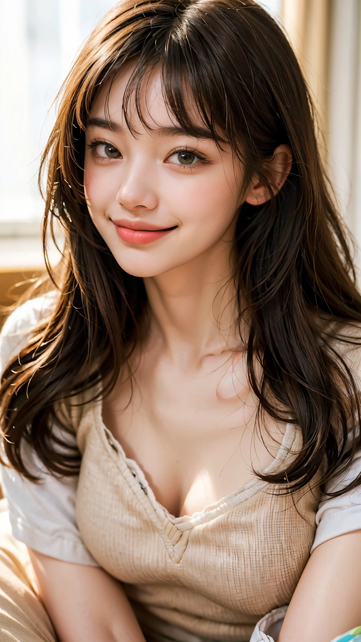 highest quality, masterpiece, Ultra-high resolution, (Realistic:1.4), (Close-up portrait) RAW Photos, 1 girl,20-year-old,(((Please stick out your tongue and wink cutely.))),,((Asian Fashion)),Messy Hair,((Cap Chestnut)),((Bangs short)),Realistic,picture media chest)),((Smiling with teeth showing)),((Big smile))