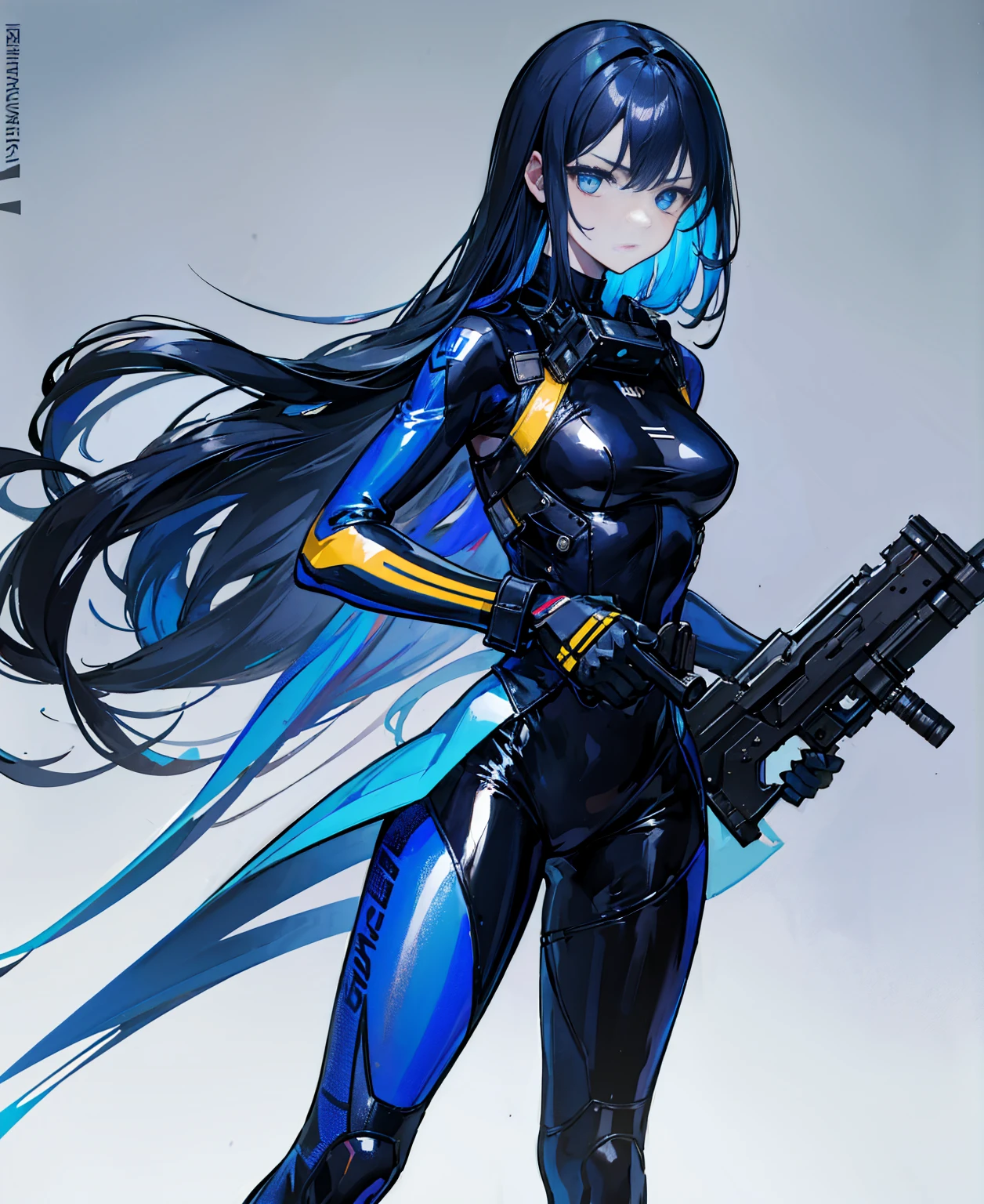 There is no background,girl,Carry a firearm,Patent leather tight suit,Use of firearms,Navy blue long hair,attention arousal,Blue colored eyes,No gradients