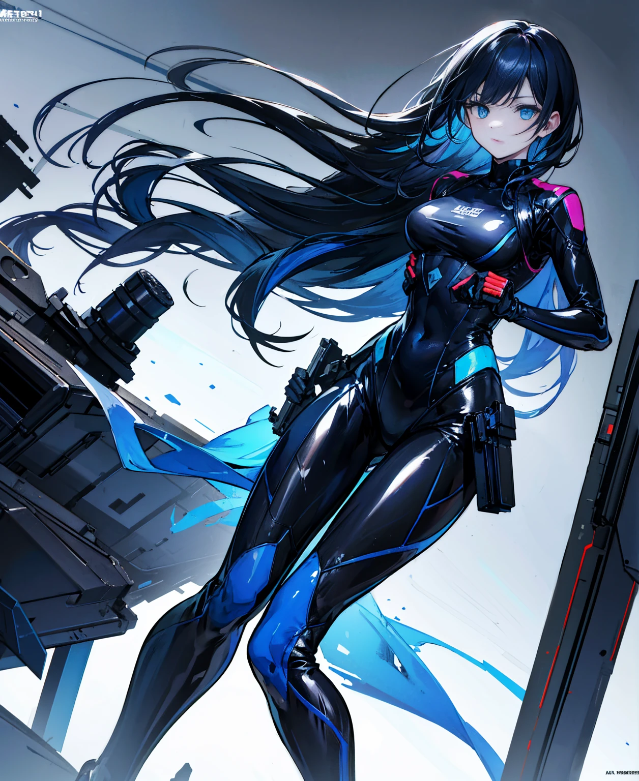 There is no background,girl,Carry a firearm,Patent leather tight suit,Use of firearms,Navy blue long hair,attention arousal,Blue colored eyes,No gradients