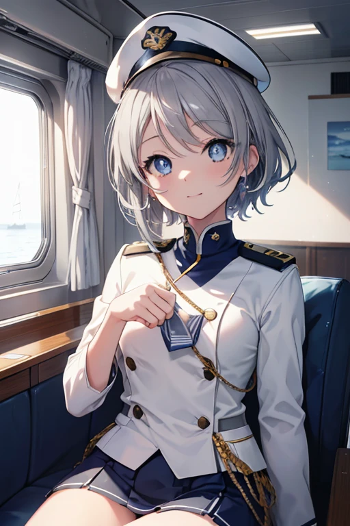rikosakurauchi, riko sakurauchi, (blue eyes:1.5), hair between eyes, short hair, (Gray hair:1.5), (Medium chest:1.2), smile,(((Captain's white uniform))), (((Captain's Cap Ship White))), (clothing details:1.2), Ocean, cloud, Blue sky, smile, Inside a passenger ship,I'm sitting cross-legged in the director's seat.,
break looking at viewer, whole body,
break indoors, Inside a passenger ship,
break (masterpiece:1.2), highest quality, High resolution, unity 8k wallpaper, (figure:0.8), (detailed and beautiful eyes:1.6), highly detailed face, perfect lighting, Very detailed CG, (perfect hands, perfect anatomy),