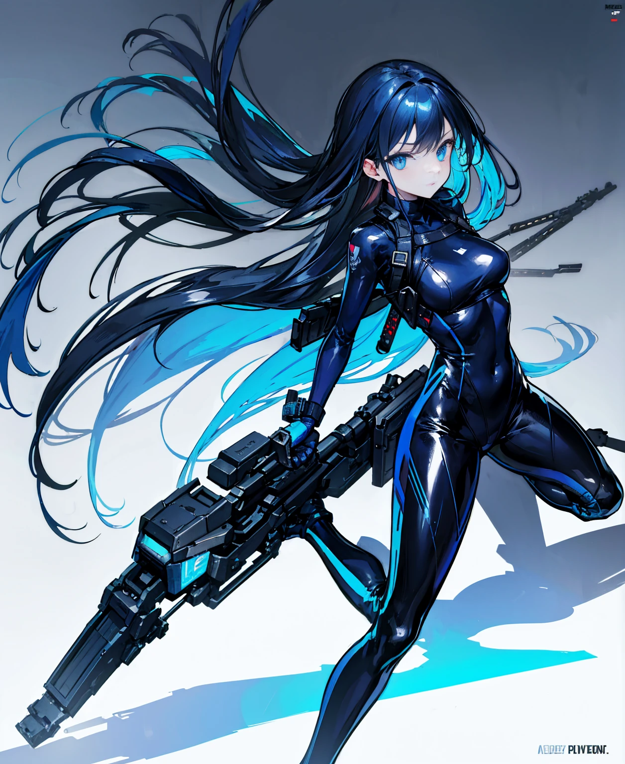 There is no background,girl,Carry a firearm,Patent leather tight suit,Use of firearms,Navy blue long hair,attention arousal,Blue colored eyes,No gradients
