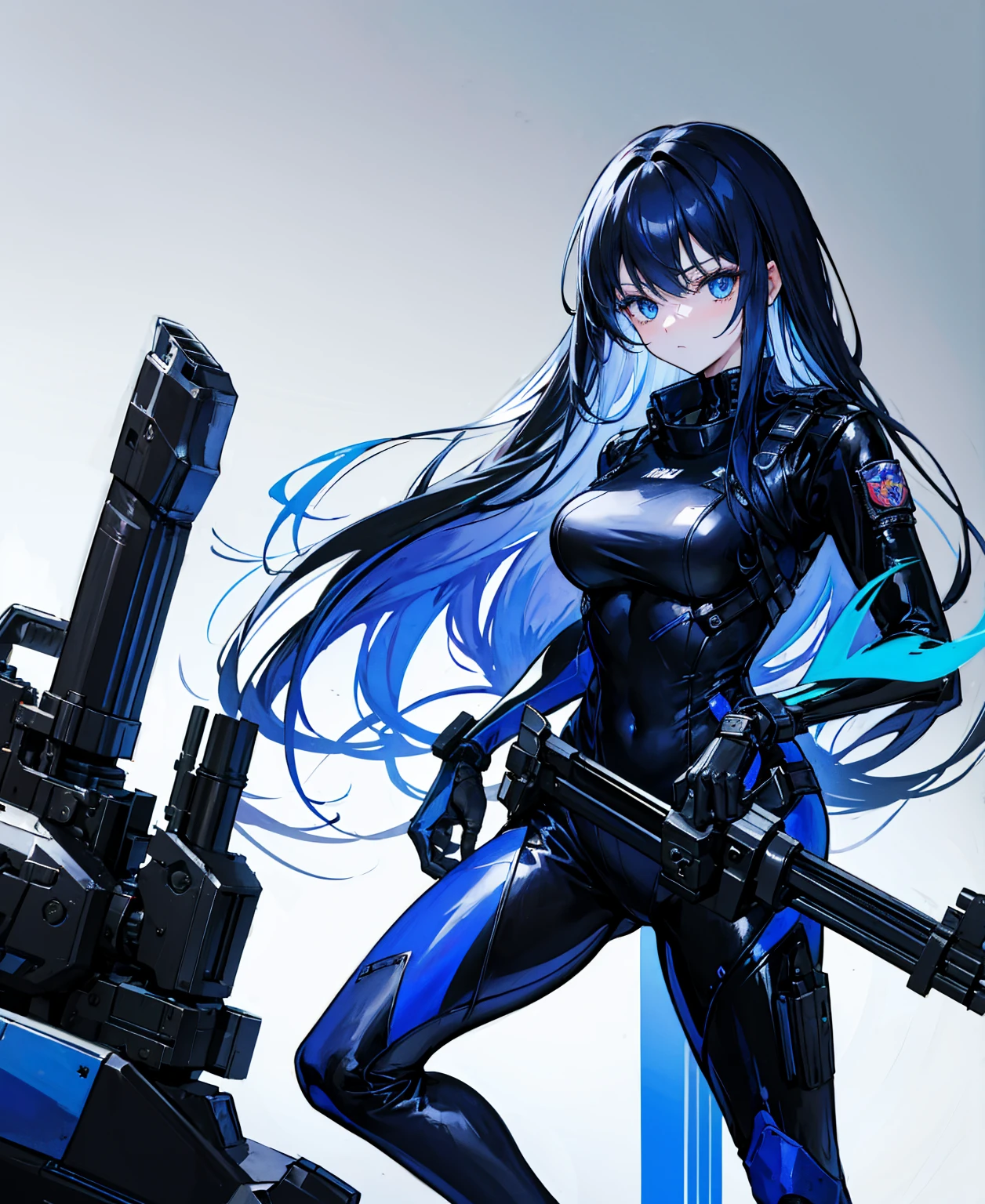 There is no background,girl,Carry a firearm,Patent leather tight suit,Use of firearms,Navy blue long hair,attention arousal,Blue colored eyes,No gradients