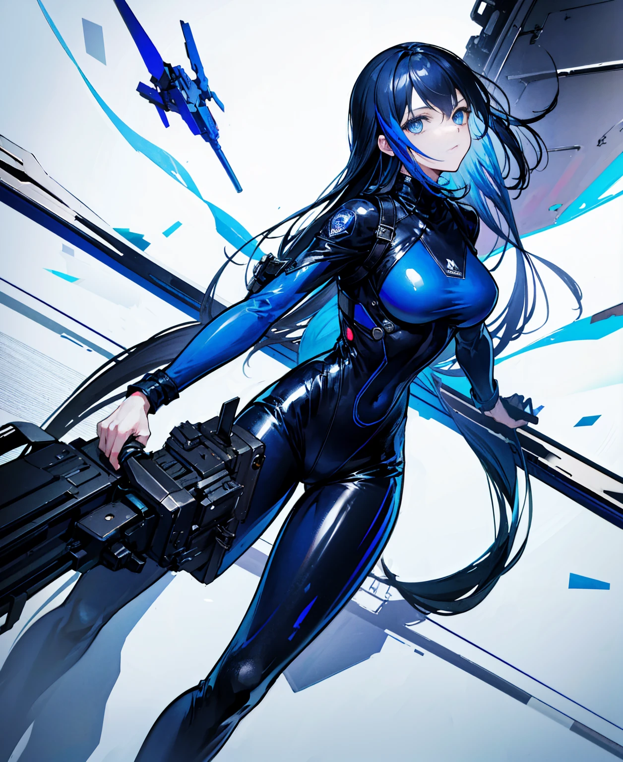 There is no background,girl,Carry a firearm,Patent leather tight suit,Use of firearms,Navy blue long hair,attention arousal,Blue colored eyes,No gradients