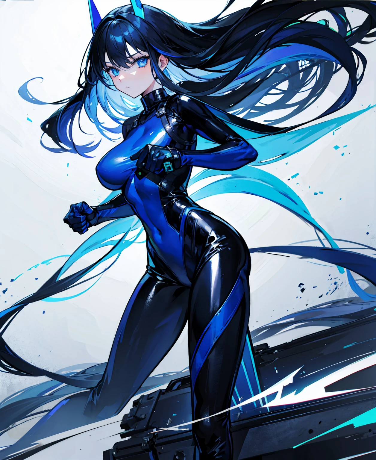 There is no background,girl,Carry a firearm,Patent leather tight suit,Use of firearms,Navy blue long hair,attention arousal,Blue colored eyes,No gradients