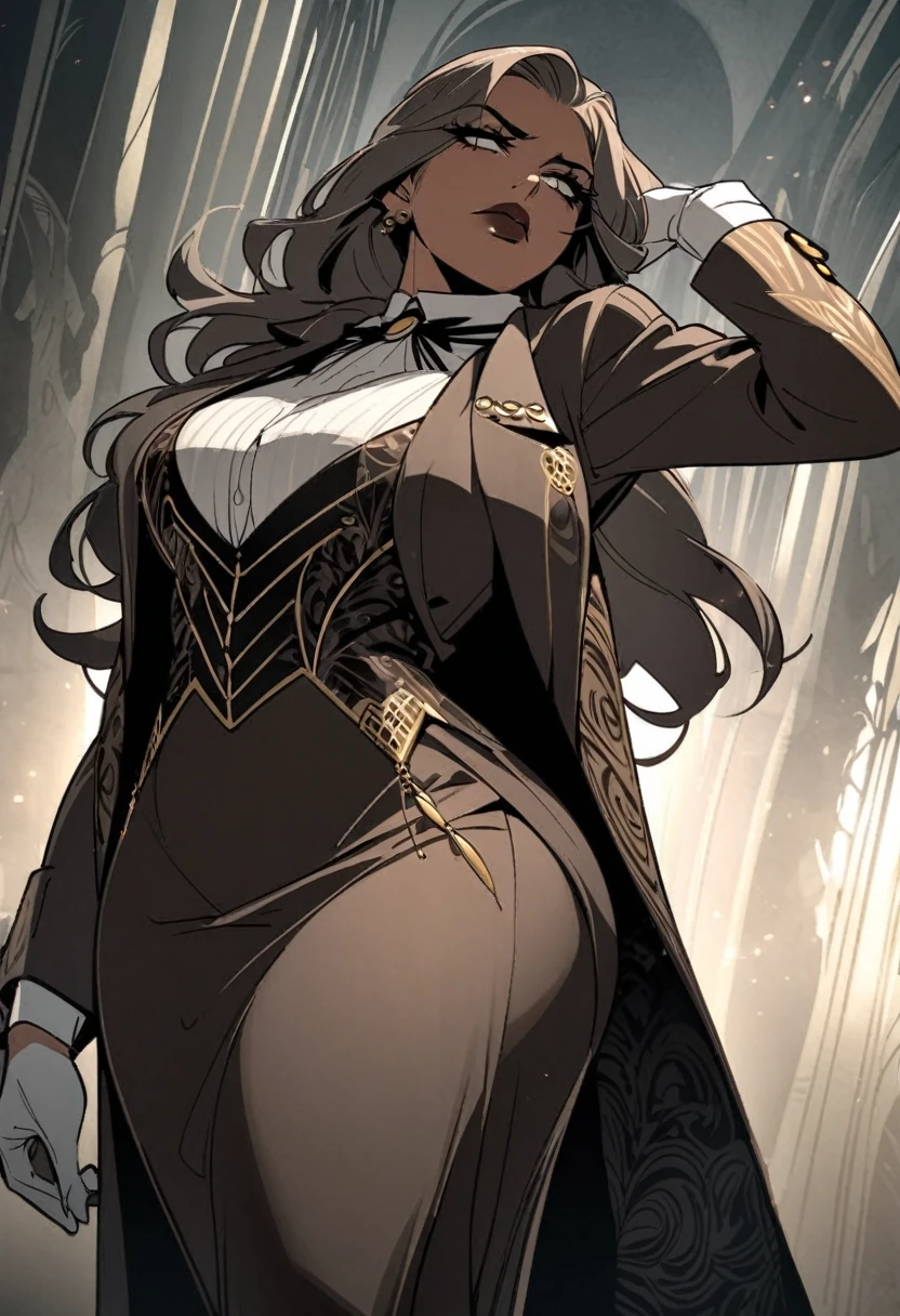 Curvy queen Latifah as mob boss, Mafia, grim, angle view, evocative, dark, classy, elegant, dangerous sensuality, dress, overcoat, jazz age, art deco outfit, longer hair, soft features