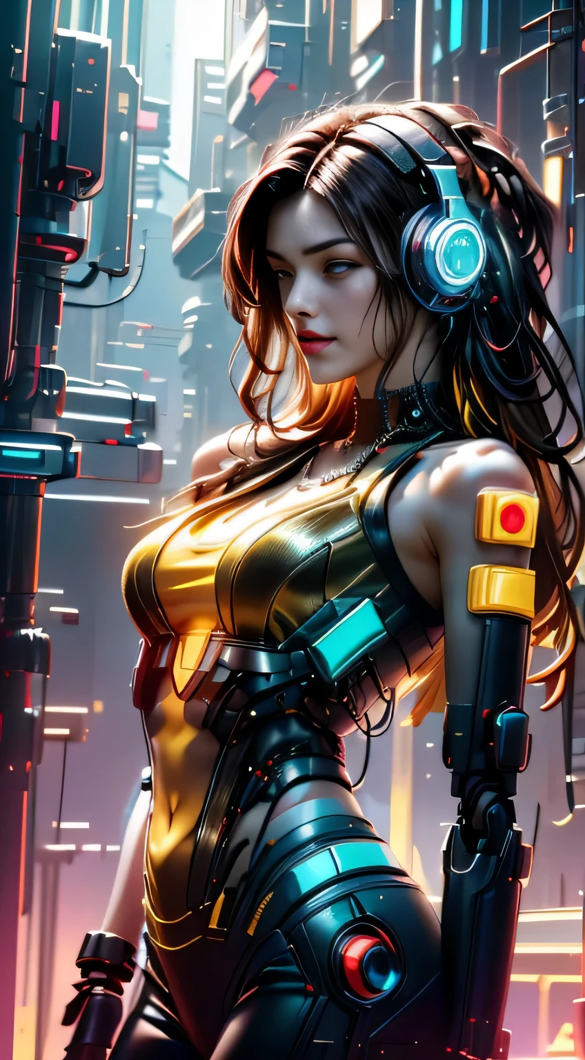 girl, long brown hair, underboob, black latex suit, navel sitting inside a spaceship cockpit, hands on steer, headset, dashboard, panel, screen, window to outer space, mechanical parts speed lines, dim light, dark aesthetic, cinematic, 4k, hires, intricate detail, extreme wide angle,