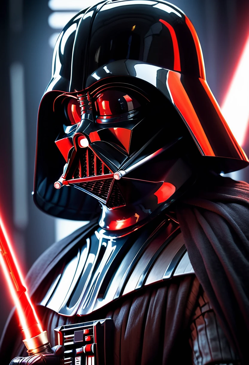 Close-up of Darth Vader. from Star Wars holding a glowing red lightsaber, blade central in the frame with intentional focus pulling suffusing warmth into the lightsaber, Star Wars characters traditionally robed in ultra high definition detail, capturing the heroic essence, every light particle flowing from the blade highlighted, a 35awards worthy, stunning cinematography, photographic testimony to dramatic storytelling, rewarding visual brilliance, cinematic depth of