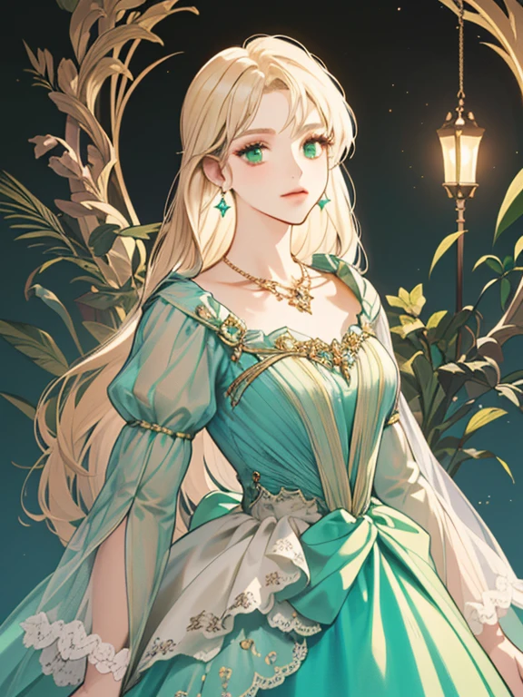 (((((masterpiece+best quality+ultra-detailed+8k wallpaper+best illustration)))), emerald, emerald eyes+pure and indescribable face, golden long hair+earrings+delicate pendant, unique necklace, sparkling Embellished with diamonds, beige waist-length dress + master-level fashion design is well-tailored and elegant, radiant and dreamy colors, evening dresses, luminous effects, high-quality, the environment surrounding the characters secretly sets off the mysterious and dreamy atmosphere of the characters.