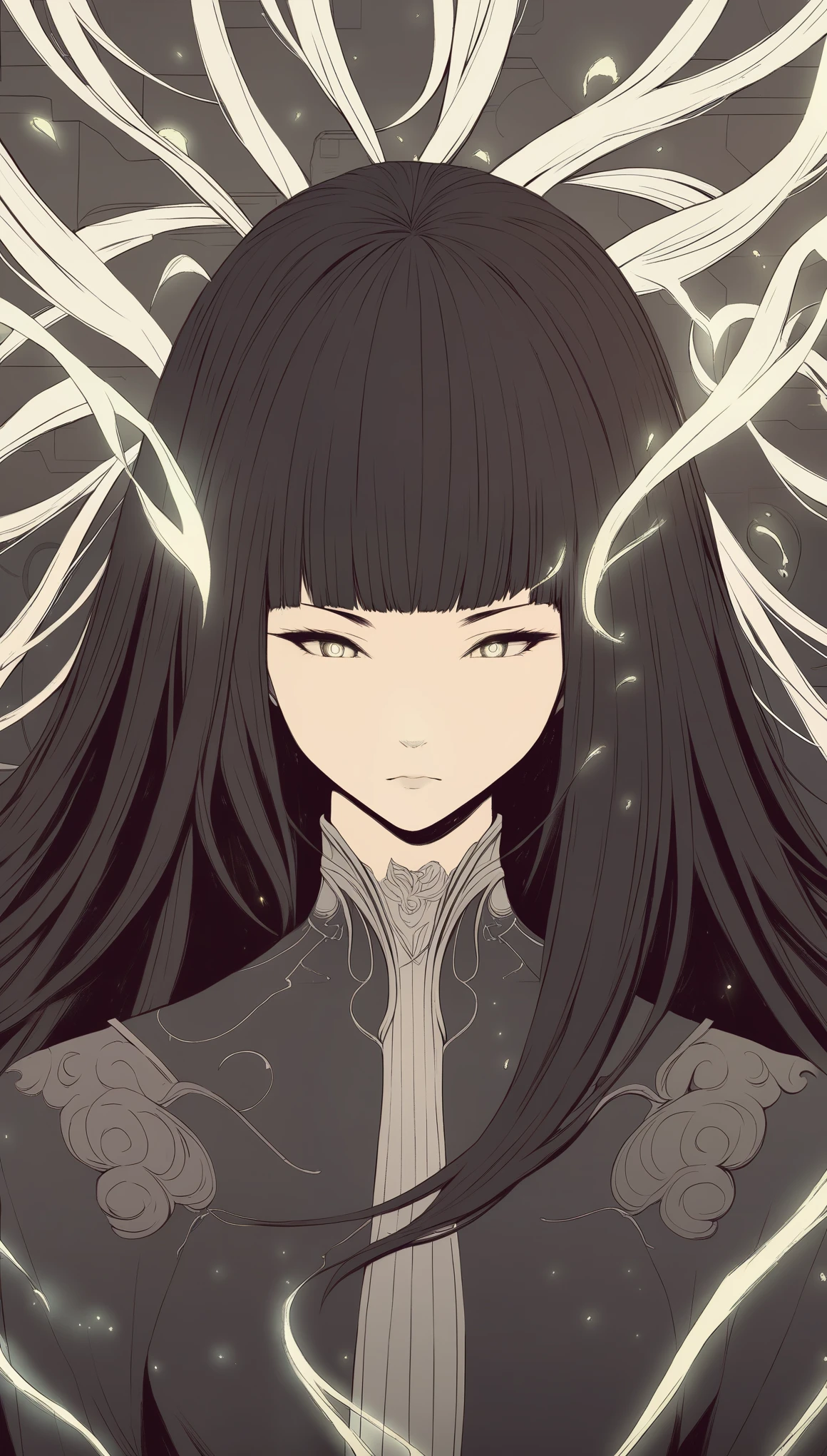 masterpiece, best quality, (monochrome:0.7),(highres), original, extremely detailed 8K wallpaper, 
///////////////////
1girl, solo, black hair, glowing, bangs, upper body, closed mouth, long hair 
///////////
////////